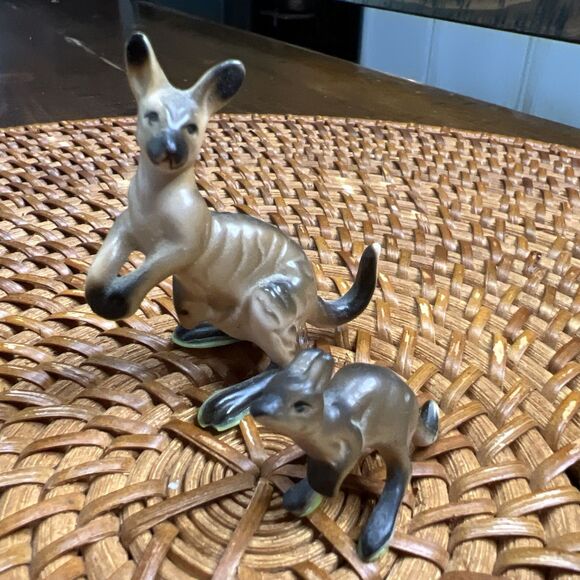 Other - 2 Vintage Bone China Kangaroo  Miniature Figurines Gray/Tan Mother And Joey